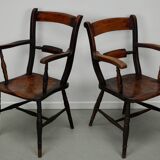 Paire de chaises Oxford anciennes, Windsor, dossier à lattes, fauteuil, orme, XIXe siècle