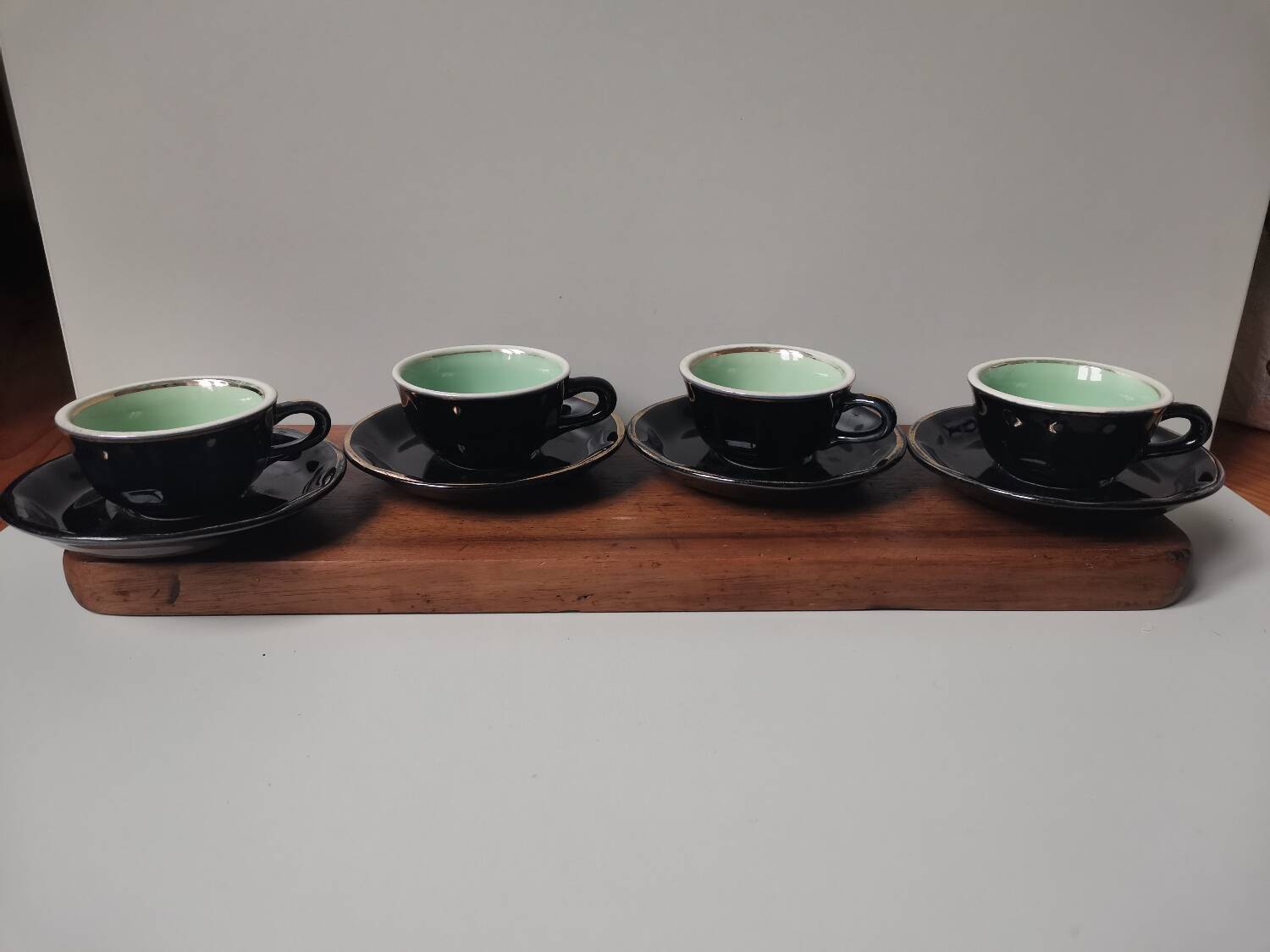 Set of 4 vintage bar cups and saucers black green and gold ets leveille mabit paris