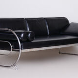 Fully Restored Bauhaus Black Leather Tubular Chrome Sofa by Robert Slezák, 1930s