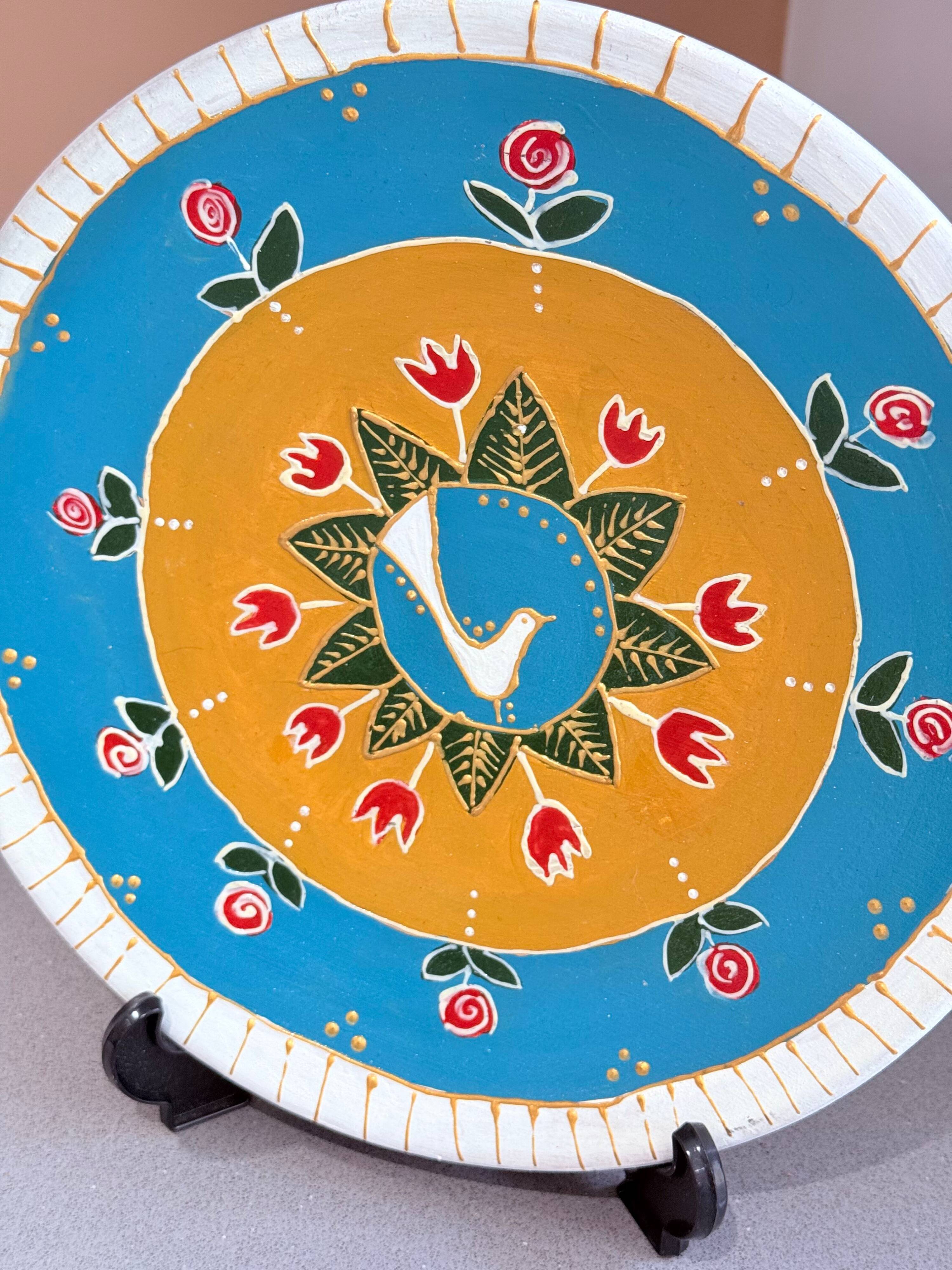 Hand-Painted Wall Decorative Ceramic Plate with Dove & Floral Folk Art Design