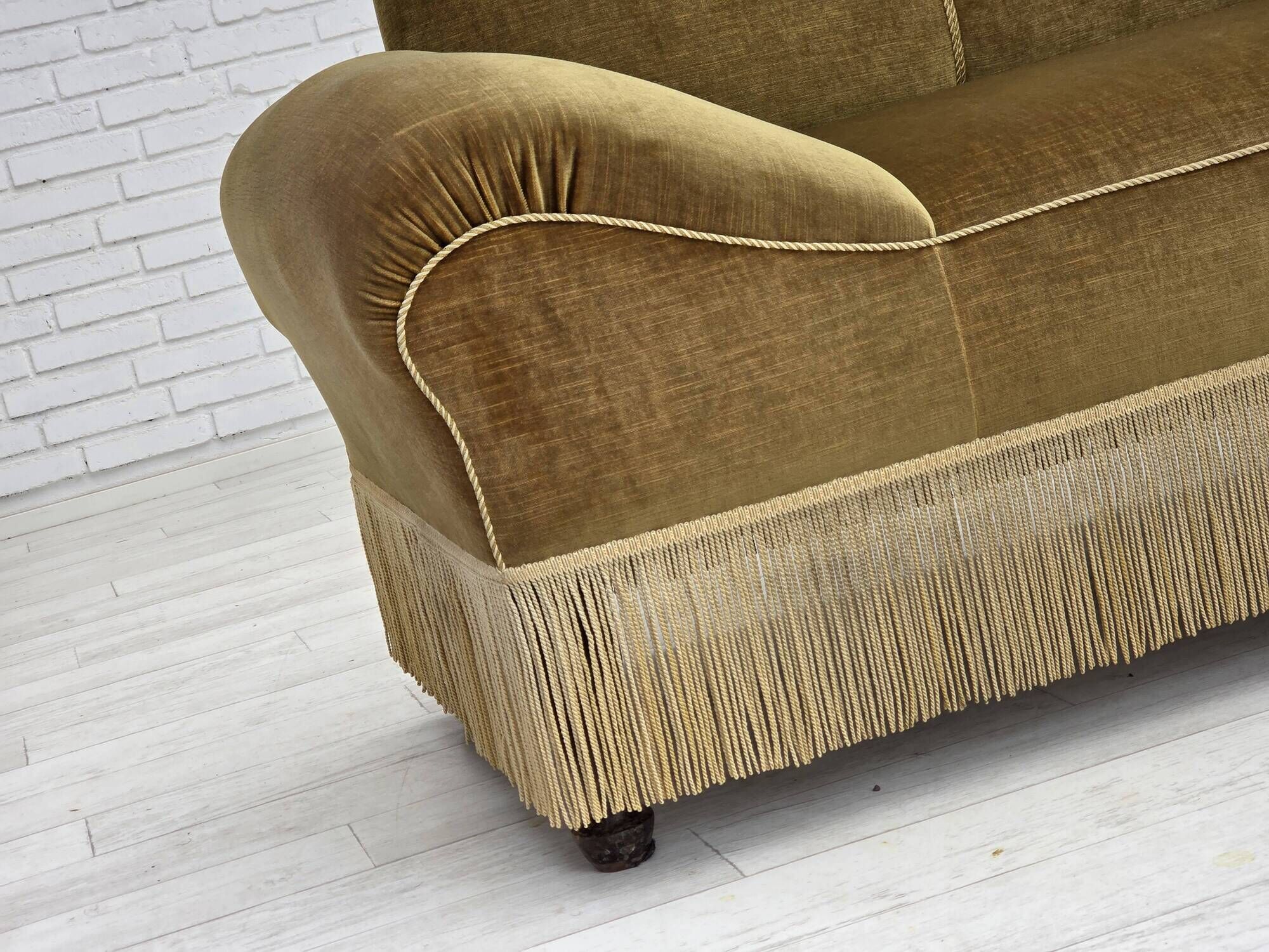 1950s, 2 seater sofa/daybed, light green furniture velour, ash wood legs.
