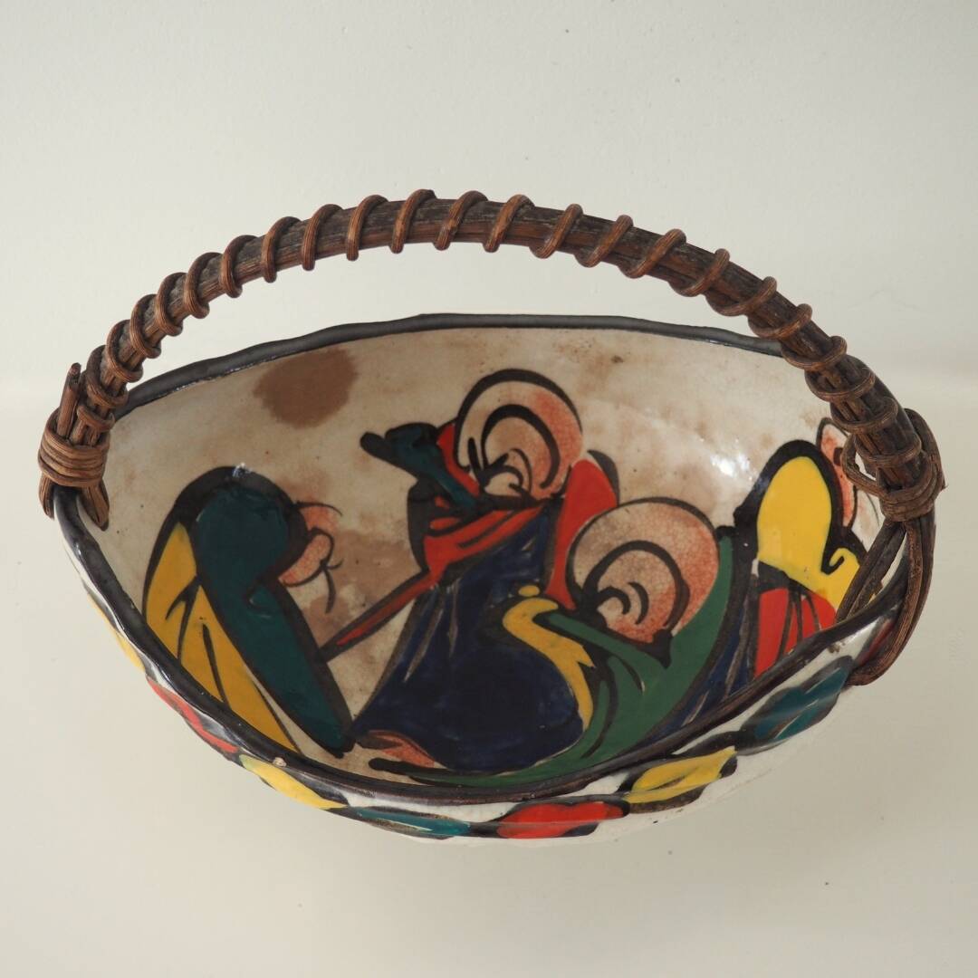Vintage Artisan Japanese Ceramic Bowl With Woven Handle