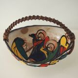 Vintage Artisan Japanese Ceramic Bowl With Woven Handle