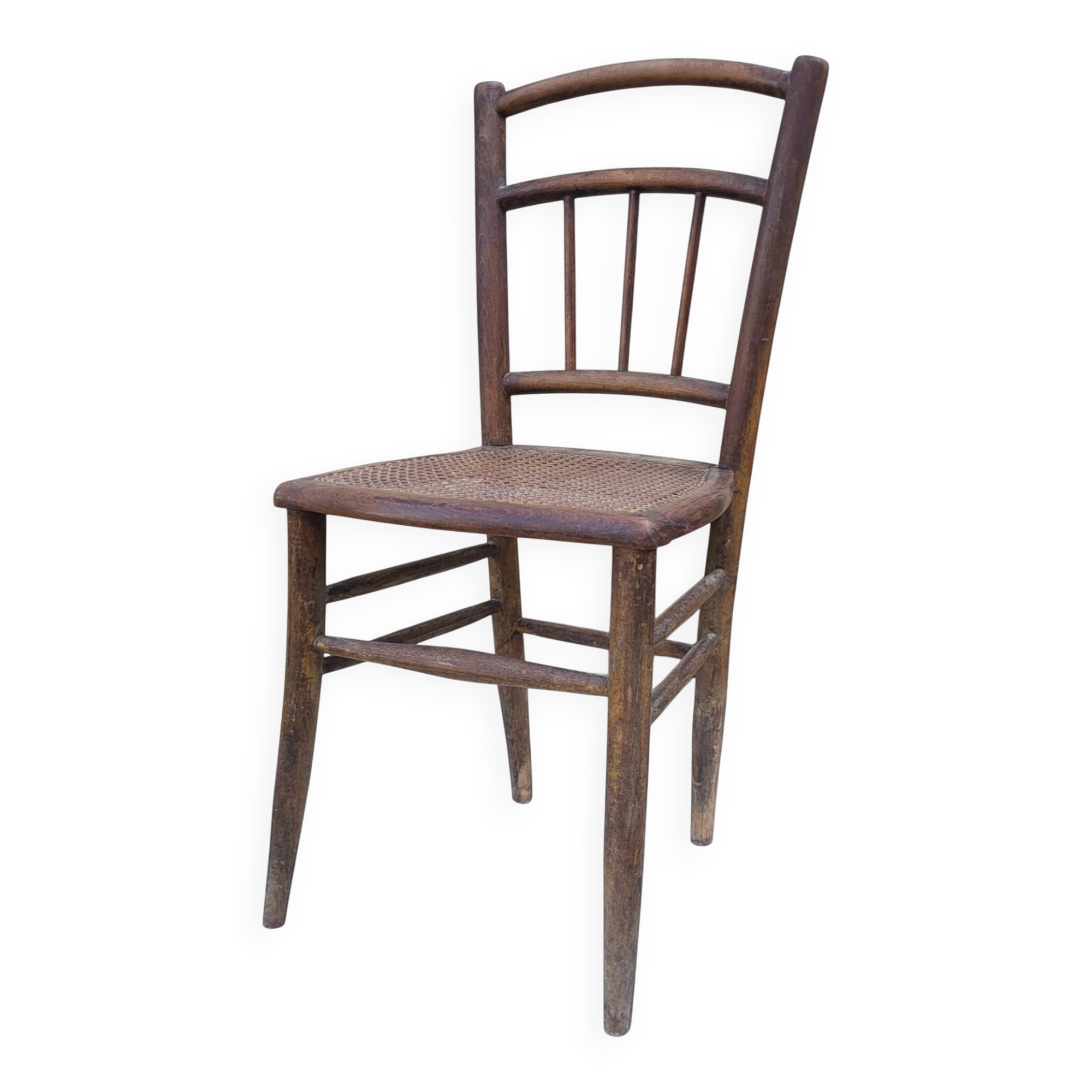 Chair with a slatted backrest and caned seat.