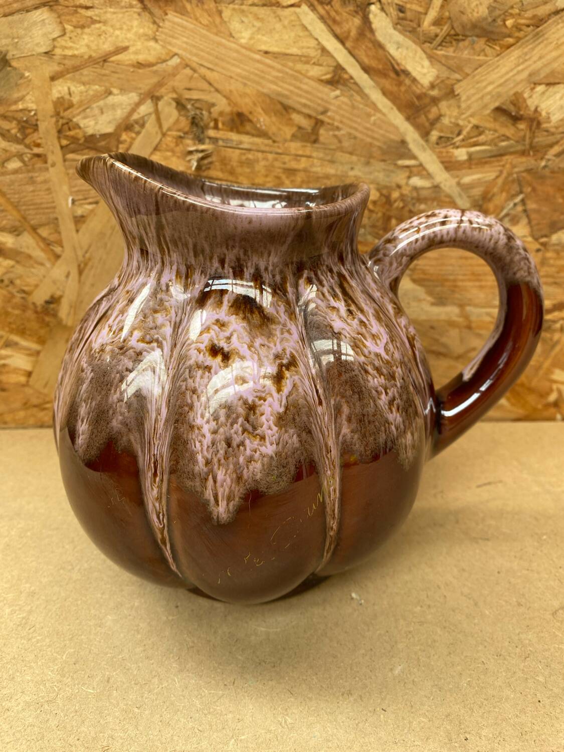 Antique melon pitcher flamed ceramic brown & pink vintage