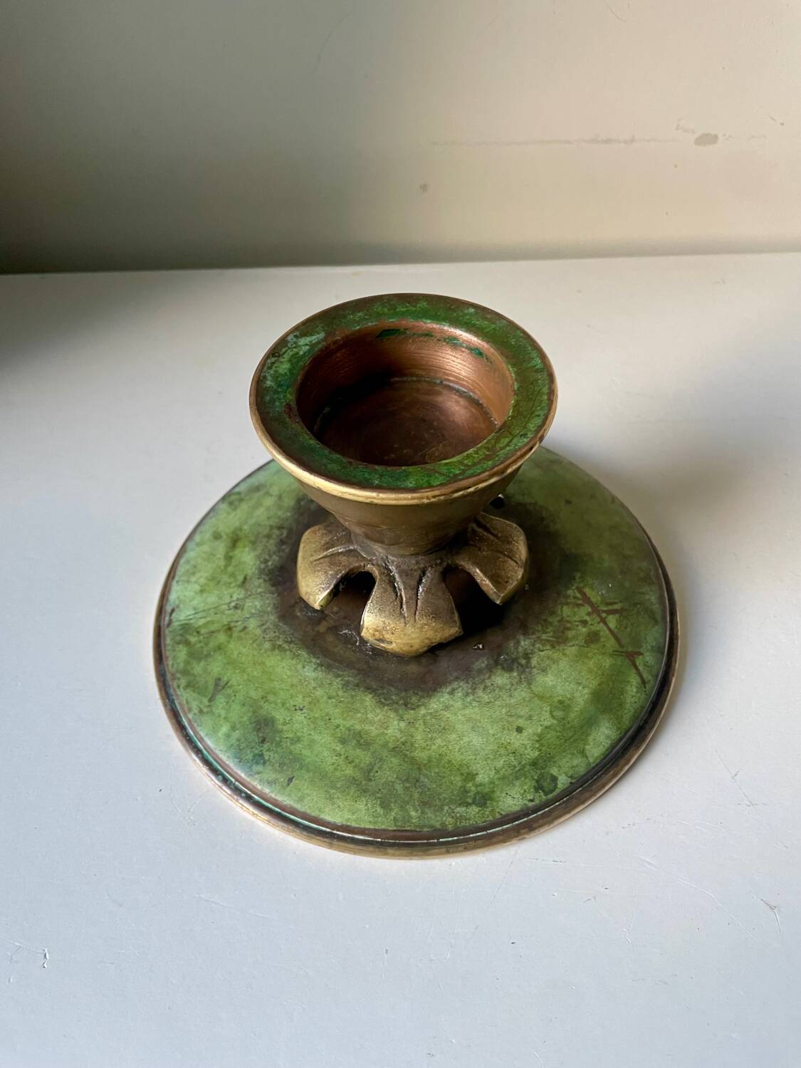Scandinavian ART DECO candle holder in Bronze with verdigris patina