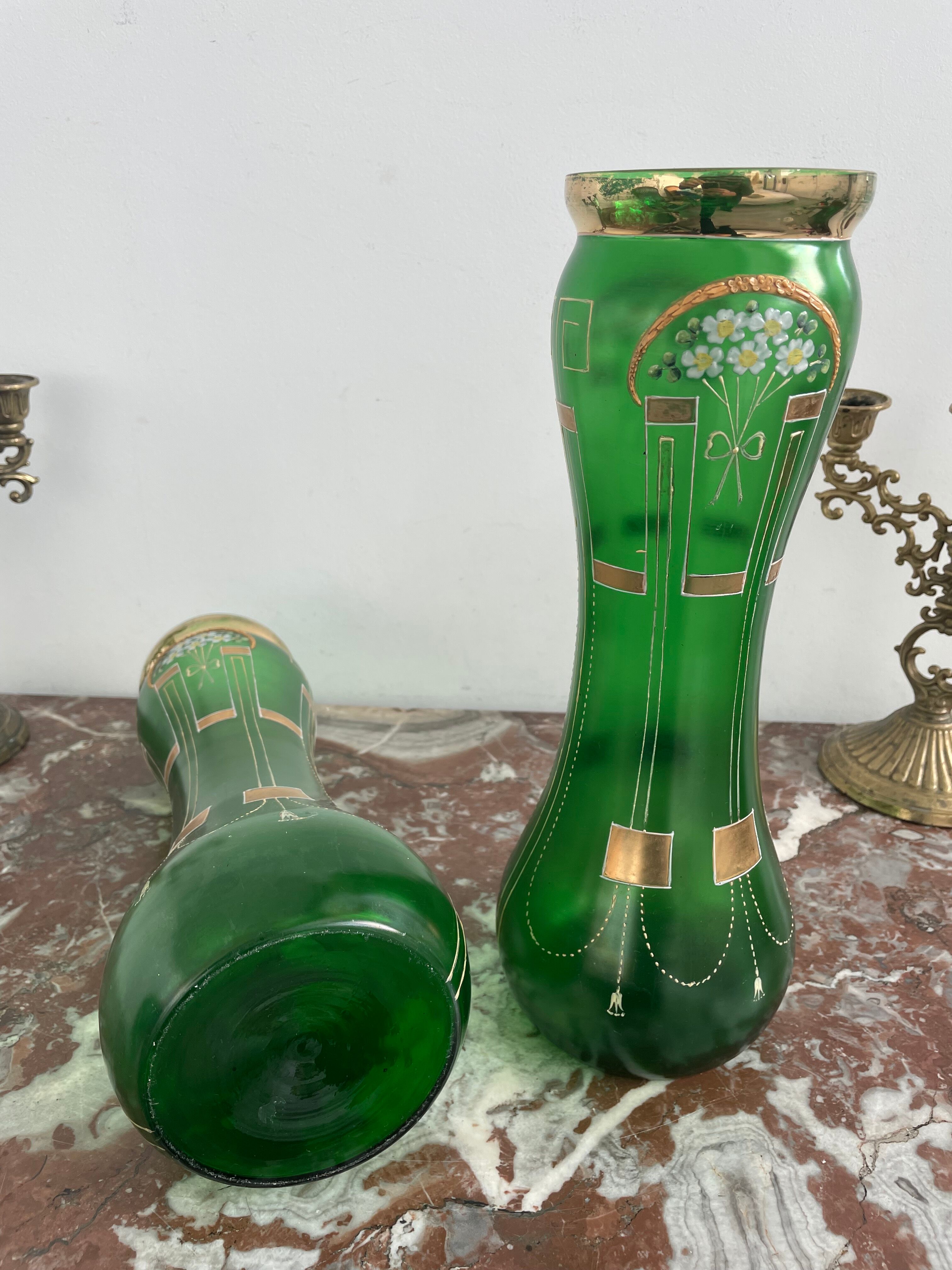 Antique, pair, green vases, flower decoration, golden, ART DECO, daisies, knot, hand painted