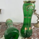 Paire de vases verts, décor fleurs, doré, art deco, marguerites, nœud, peint à la main, antique