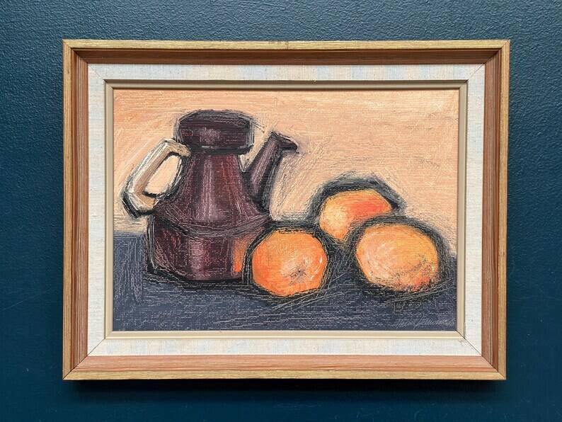 Original Swedish Oil on Panel – "Kattle and Oranges" by Herald – Signed – Dated 1966 – Framed Vintage Piece