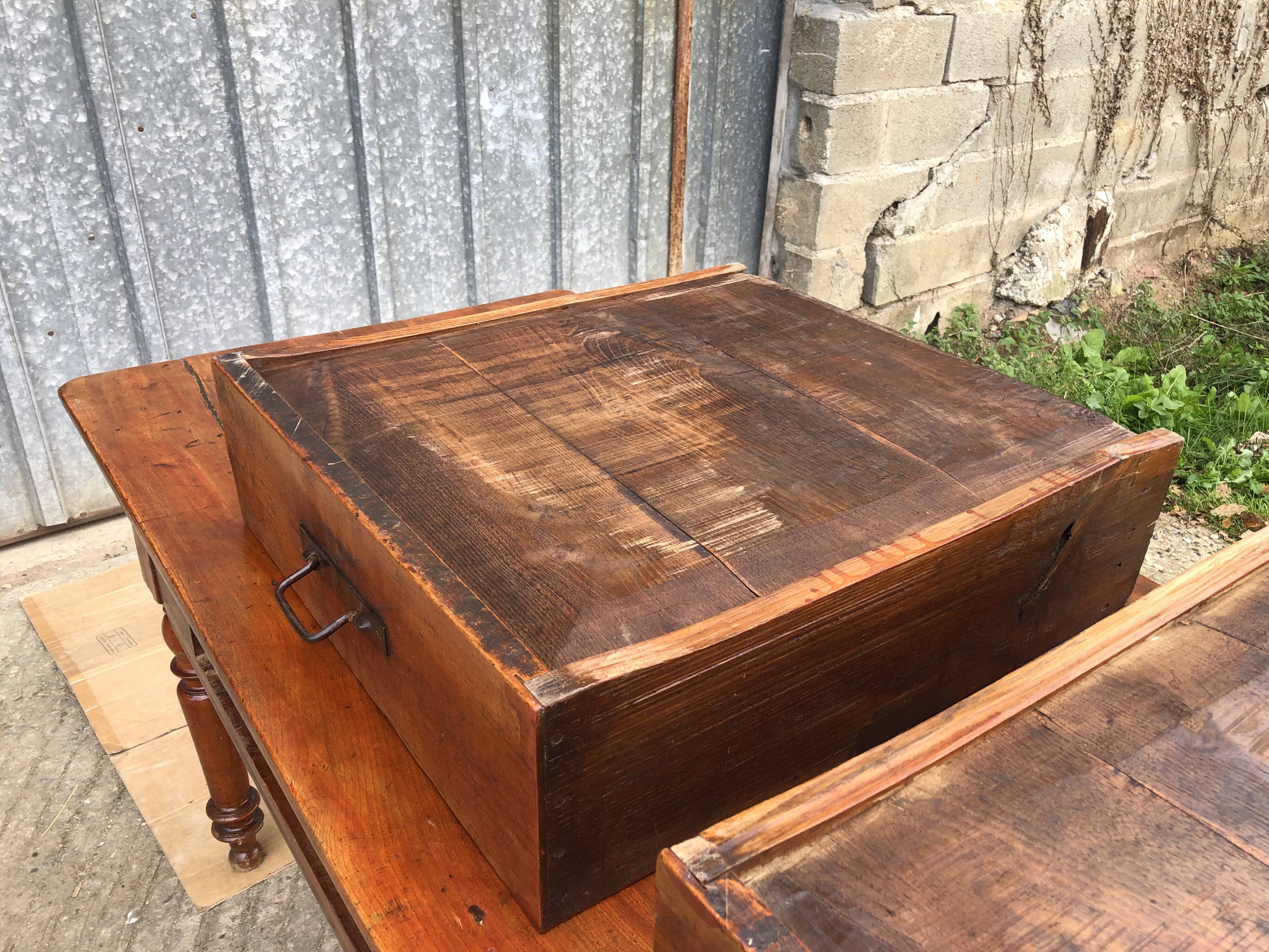 Old farmhouse table in solid cherry wood with 2 front drawers.