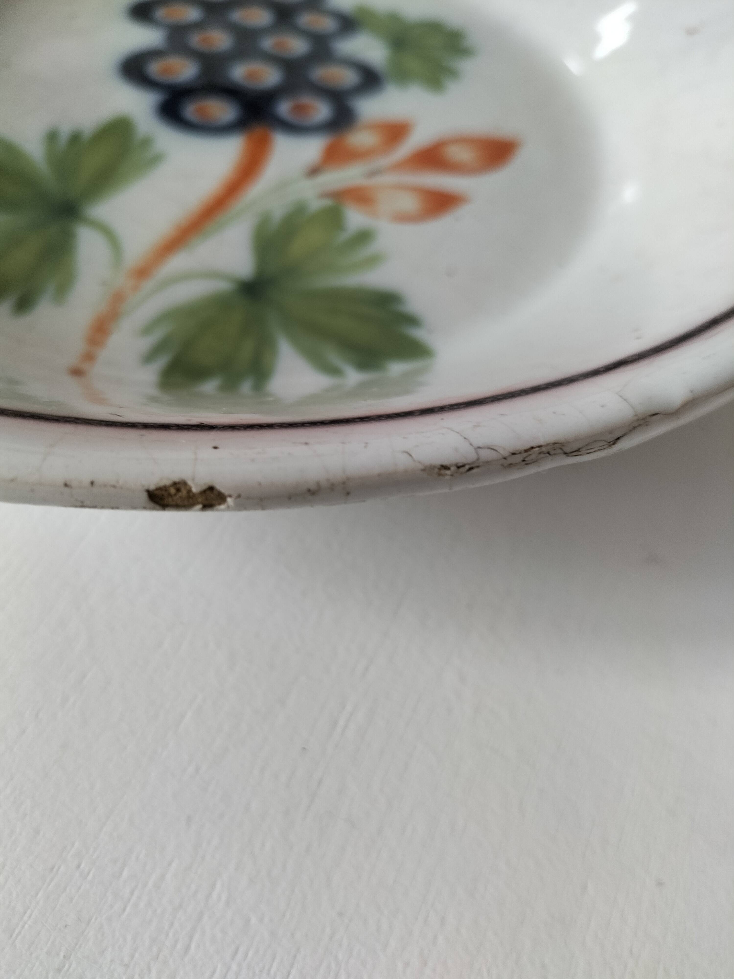 Pair of antique soup plates with hand-painted grape decoration