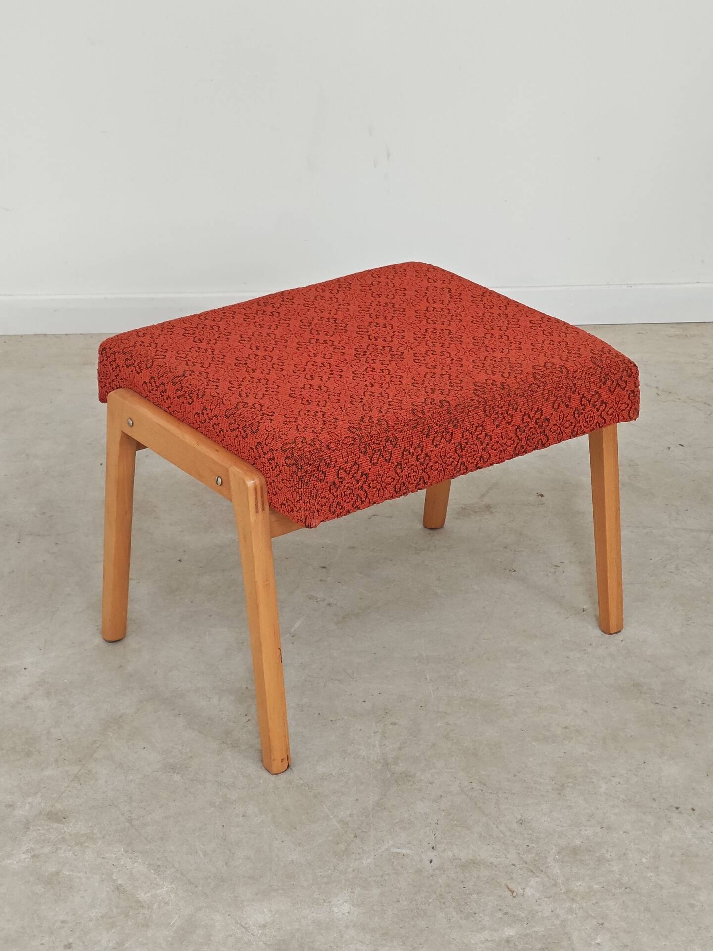 Ton bystrice stool (thonet) wood and orange patterned fabric 1960