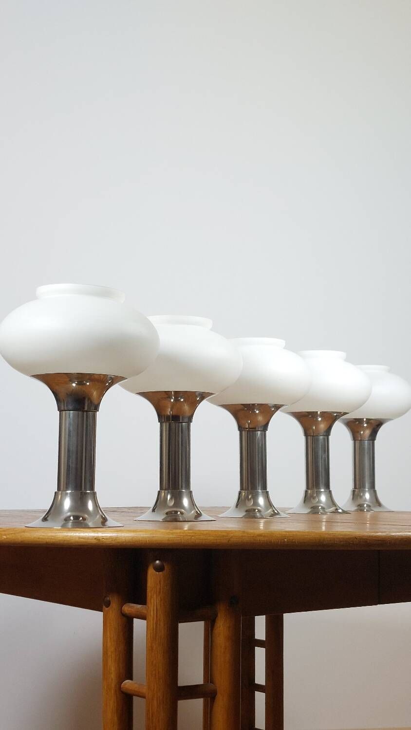 5 x lampes murales et plafonniers en verre chrome et opale GDR Narva VEB