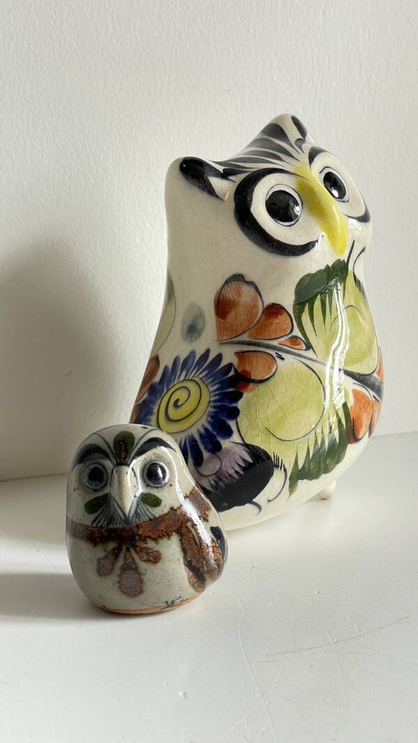 Duo de hiboux en céramique artisanale vintage
