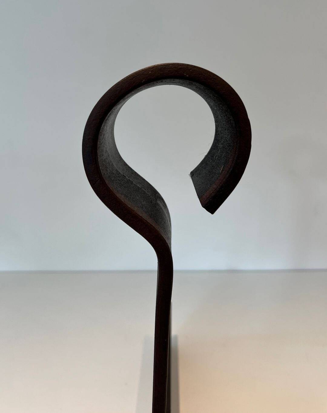 Important Pair of Modernist Wrought Iron Andirons with Ring Finials