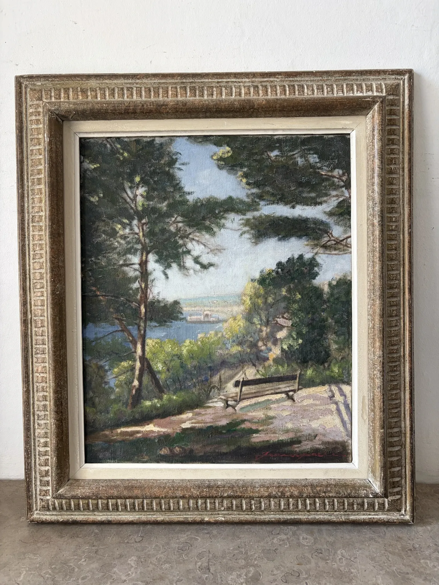 Paysage méditerranéen, vue sur mer, huile sur toile signée
