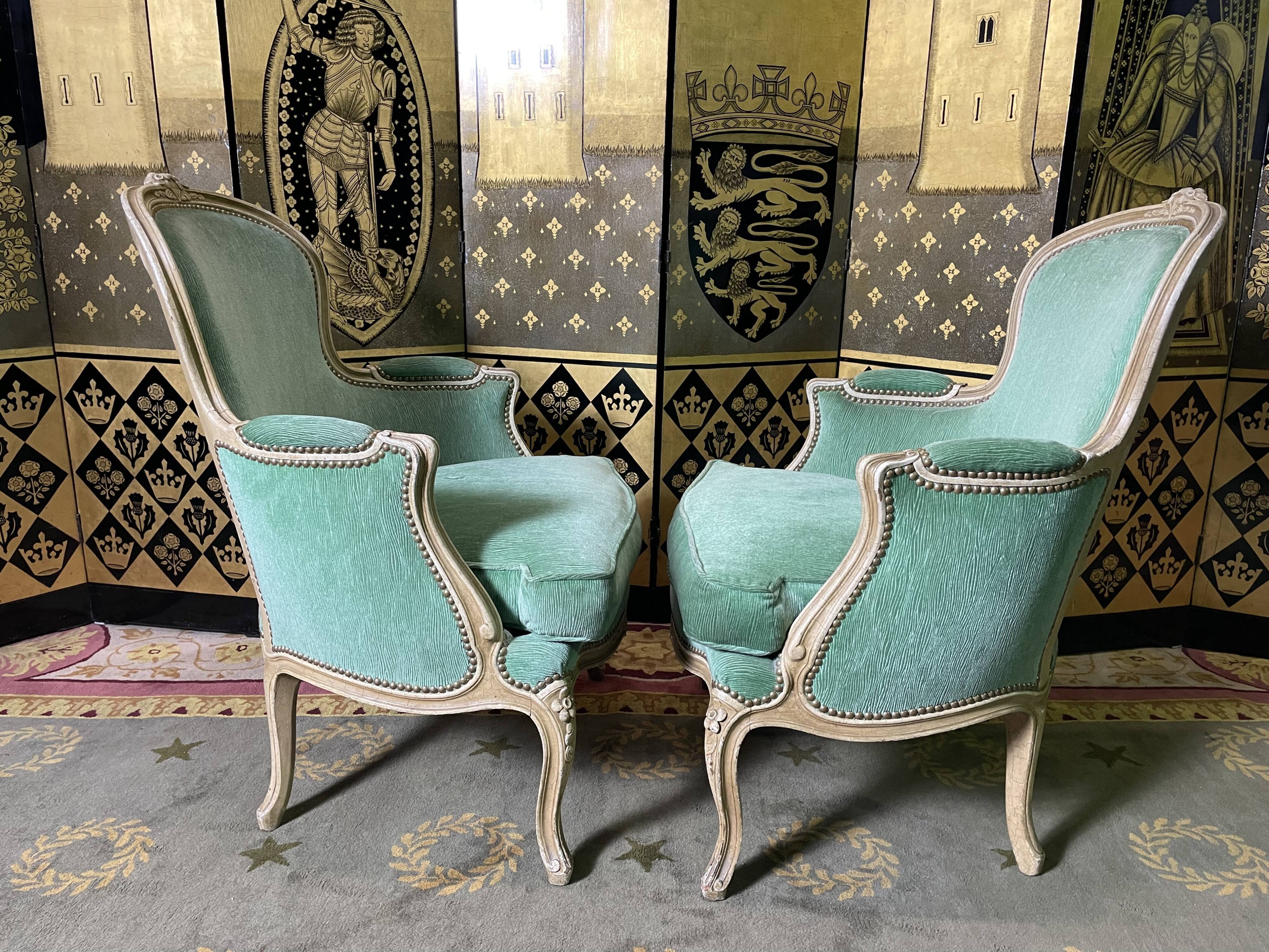 Pair of green Louis XV style bergères armchairs