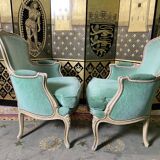 Pair of green Louis XV style bergères armchairs