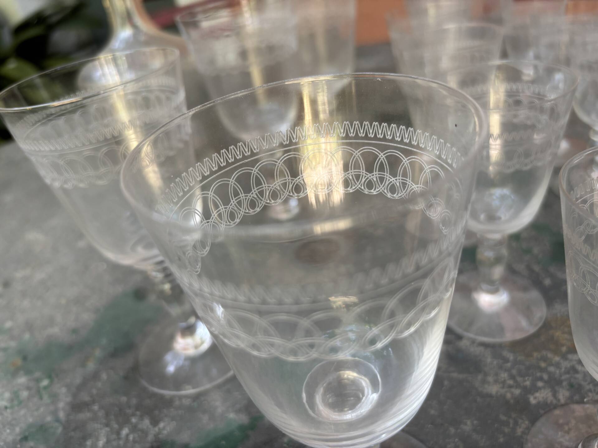 Antique engraved crystal liqueur service? St Louis model early 20th century.