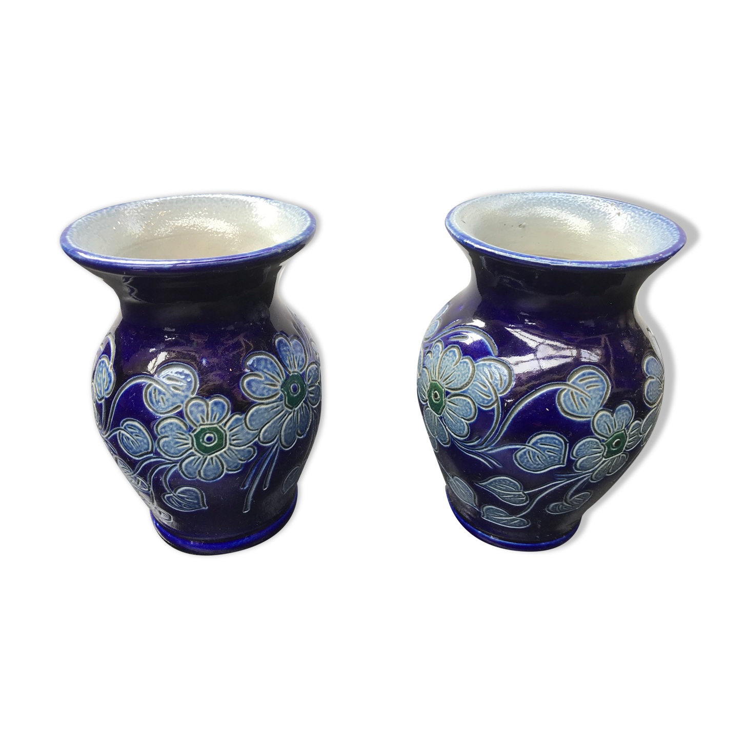 Pair of old Betschdorf vases in vintage Alsace blue enamelled stoneware