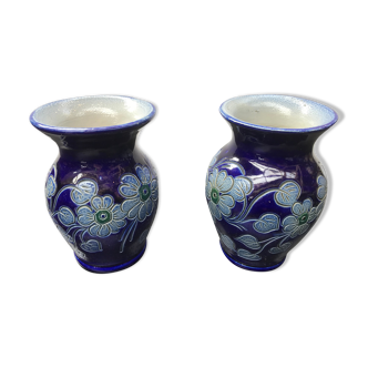 Pair of old Betschdorf vases in vintage Alsace blue enamelled stoneware