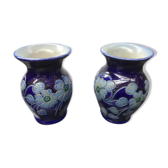 Pair of vase ancient betschdorf enamelled blue alsace vintage