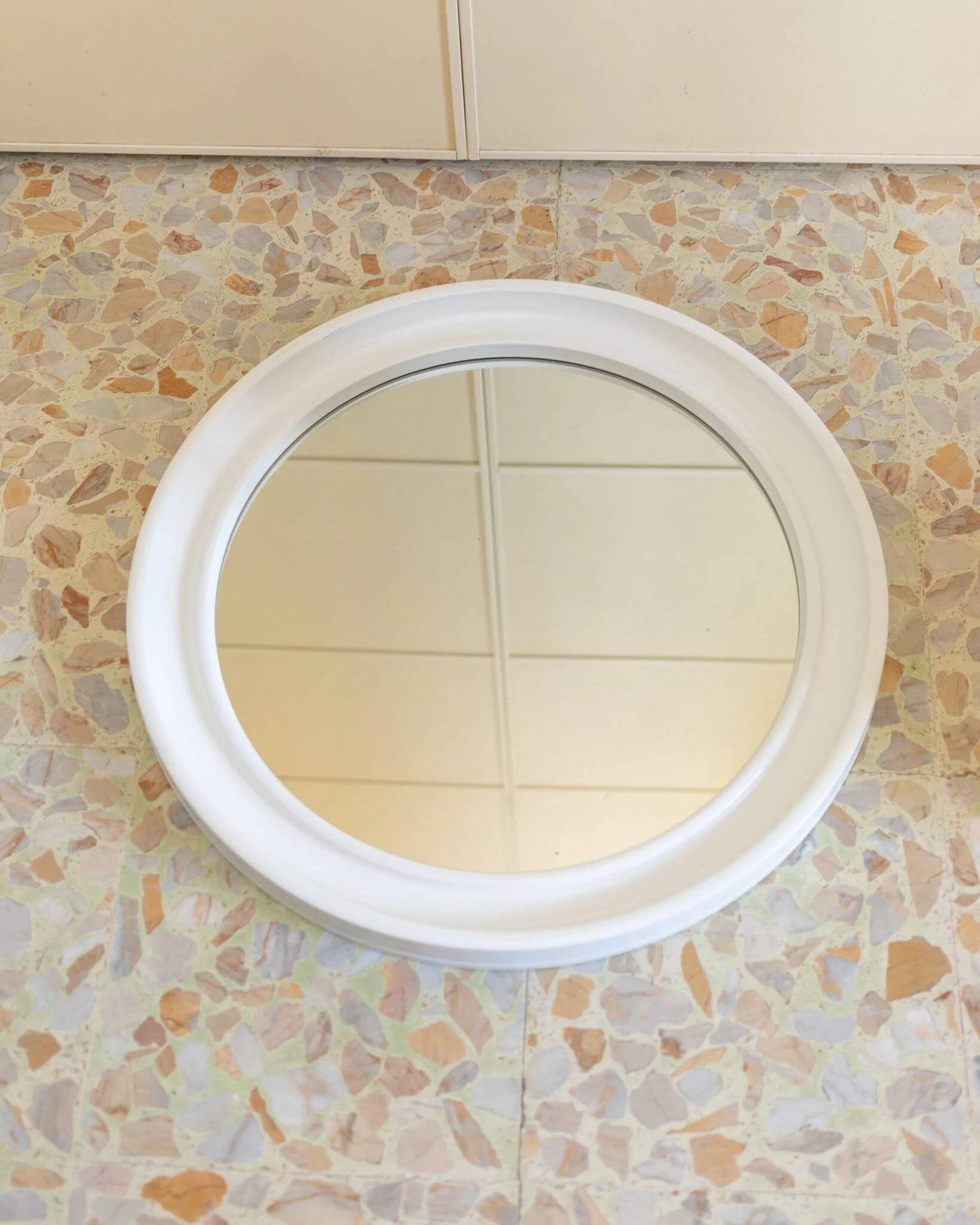 Round wall mirror by Carrara & Matta, white plastic bezel, Italian 1970s vintage