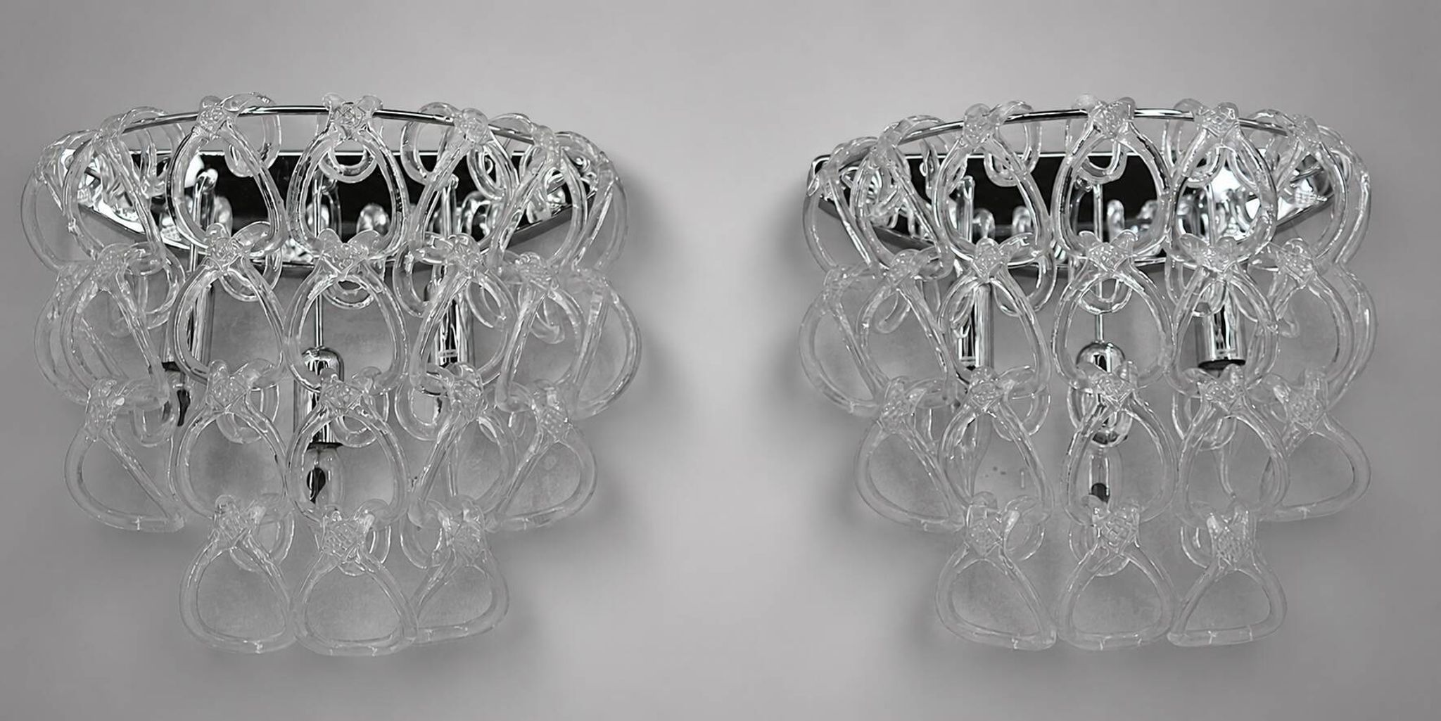 Pair of Art Deco Half-Moon Wall Lights/Hot Water Bottles in Glass & Metal Links