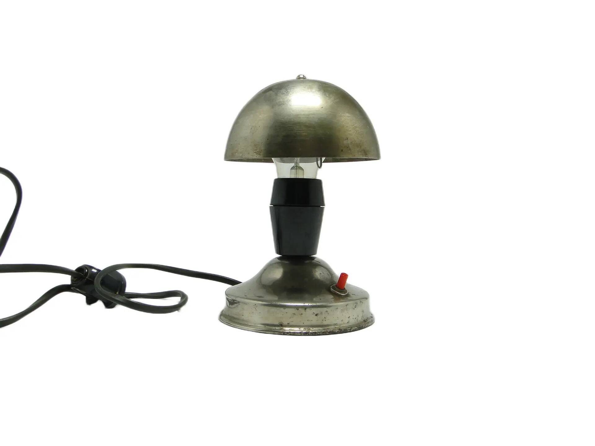Mushroom table lamp, silver metal, black bakelite, Poland, 1950s