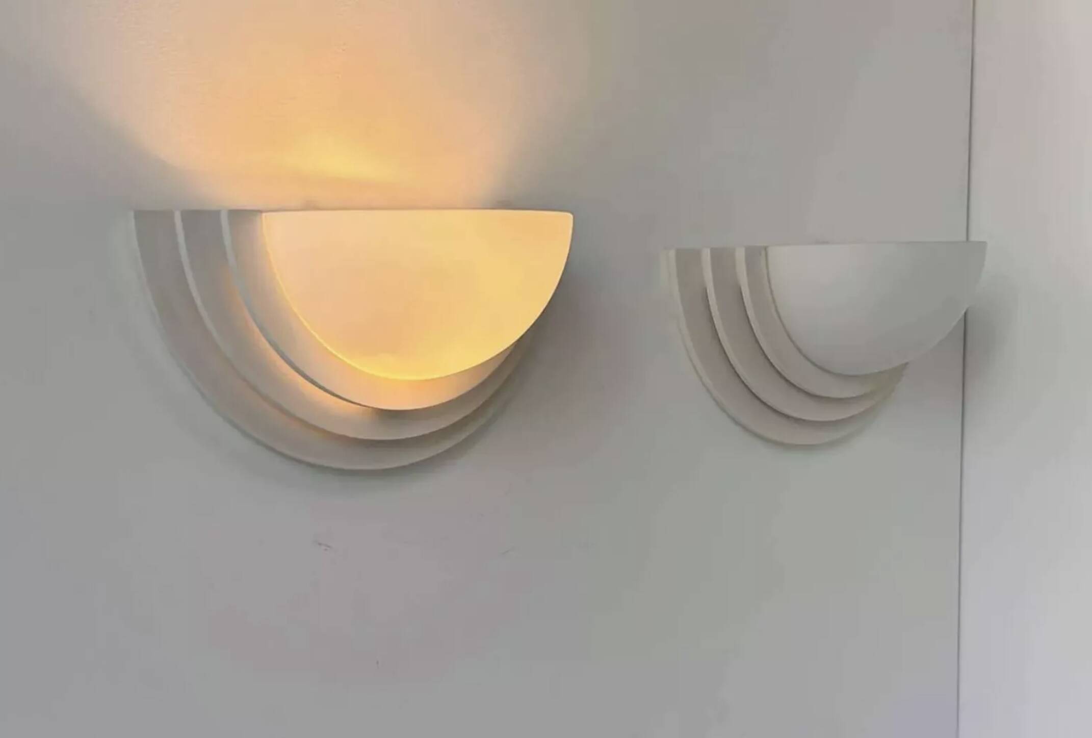 Pair of vintage geometric wall lights, plaster and sandblasted glass, France 1970