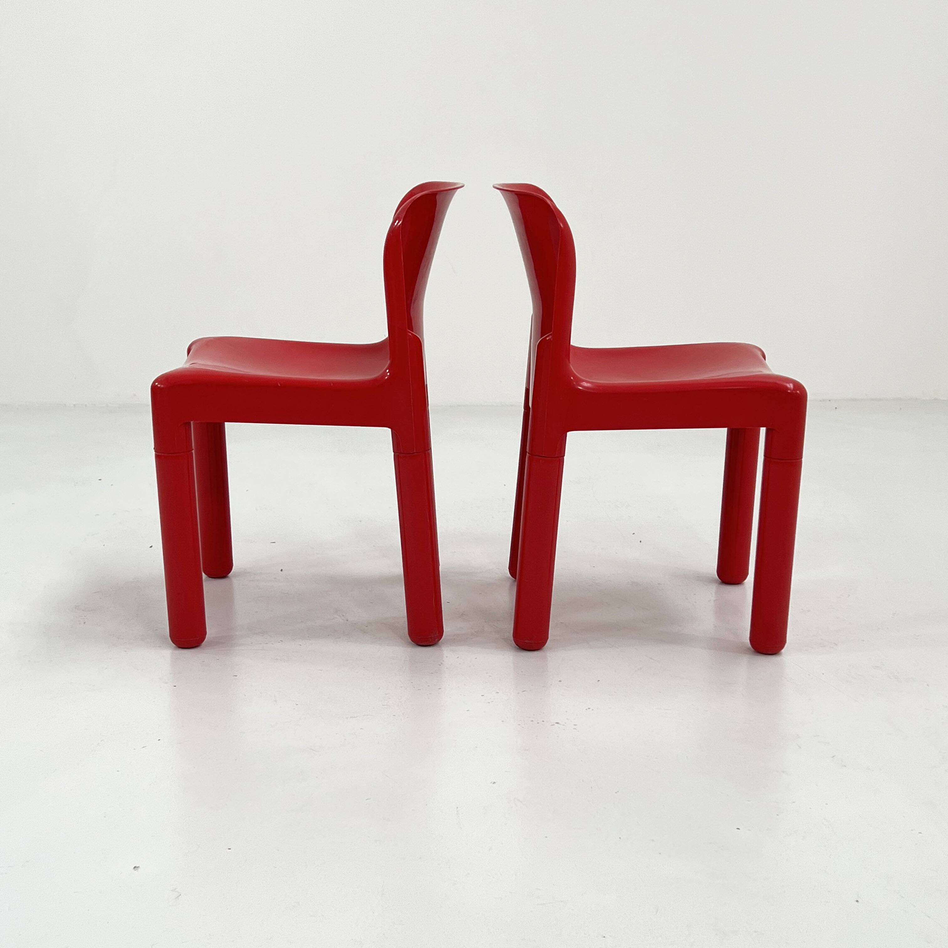 Set of 4 red chairs model 4875 by Carlo Bartoli for Kartell, 1970
