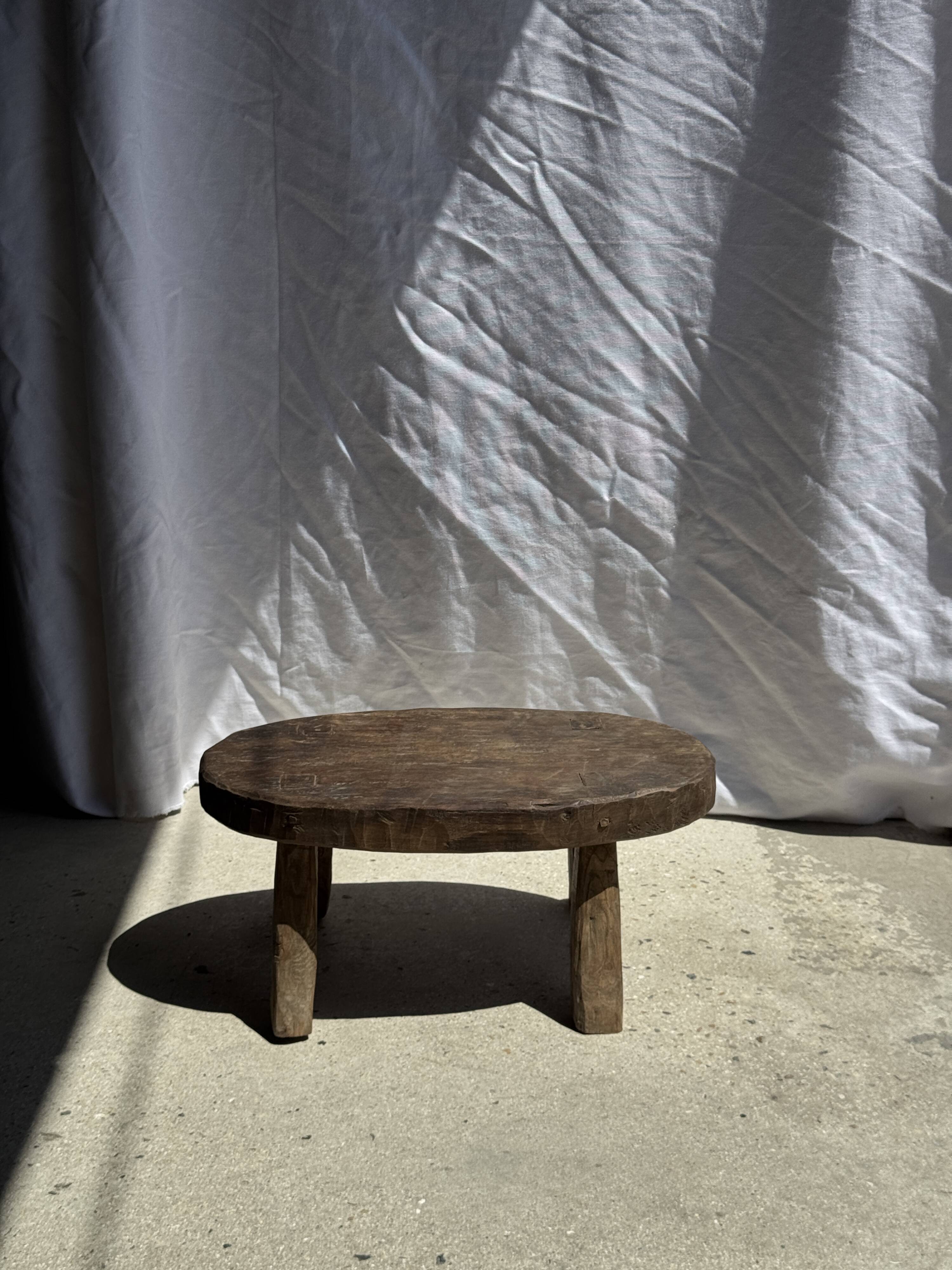 Small stool or small oval side table in solid teak wabi-sabi H24 53