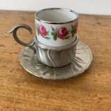 2 small porcelain cups and their pewter cup holders