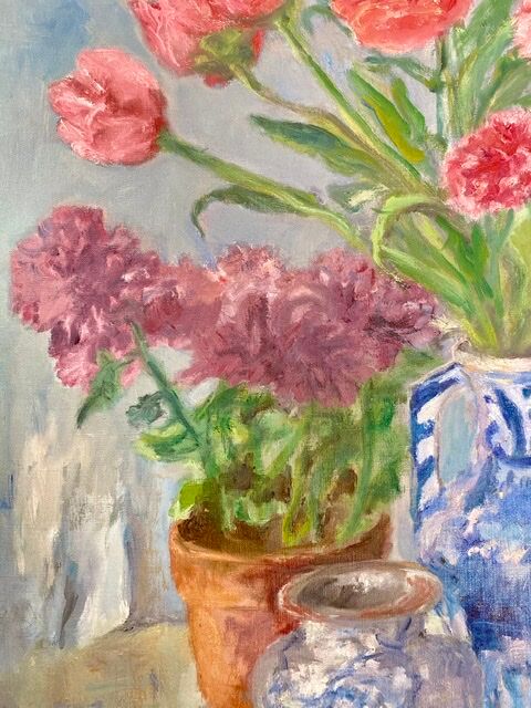Ancient painting, still life in vase, flower pot and pitcher, signed, 20th century