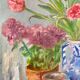 Ancient painting, still life in vase, flower pot and pitcher, signed, 20th century