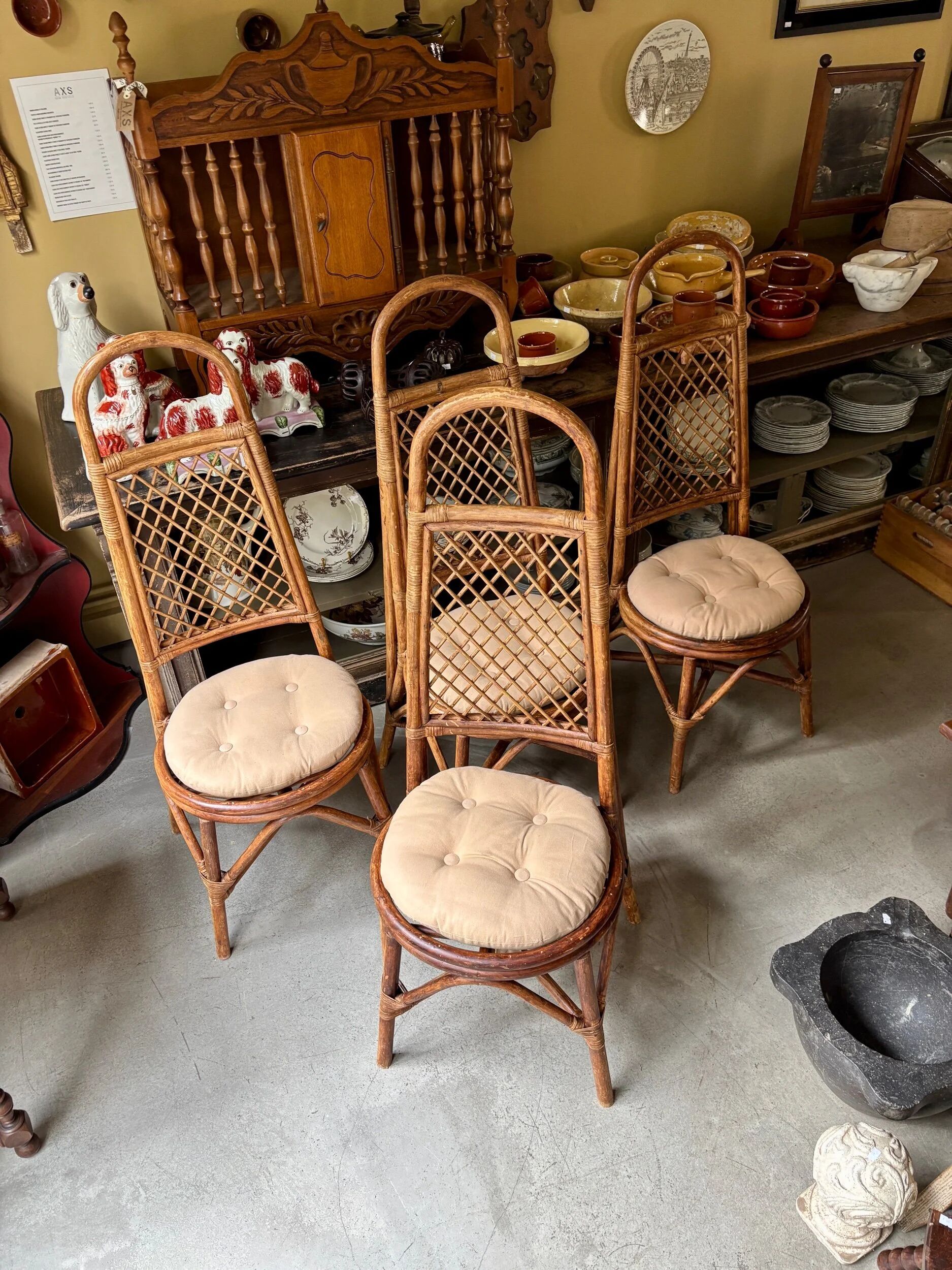4 bent bamboo and rattan chairs