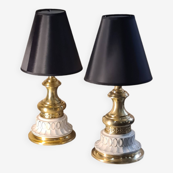 2 lampe de chevet style bouillotte  laiton poterie creme et or, 1980, 38x22 model pas commun.