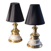 2 hot water bottle style bedside lamp, brass, cream pottery and gold, 1980, 38x22, unusual model.