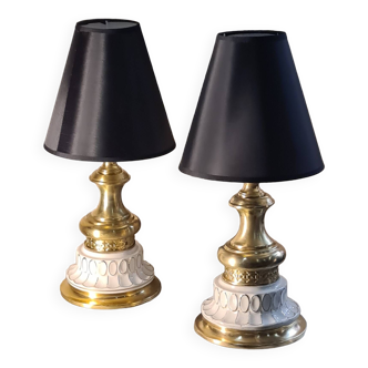 2 lampe de chevet style bouillotte  laiton poterie creme et or, 1980, 38x22 model pas commun.