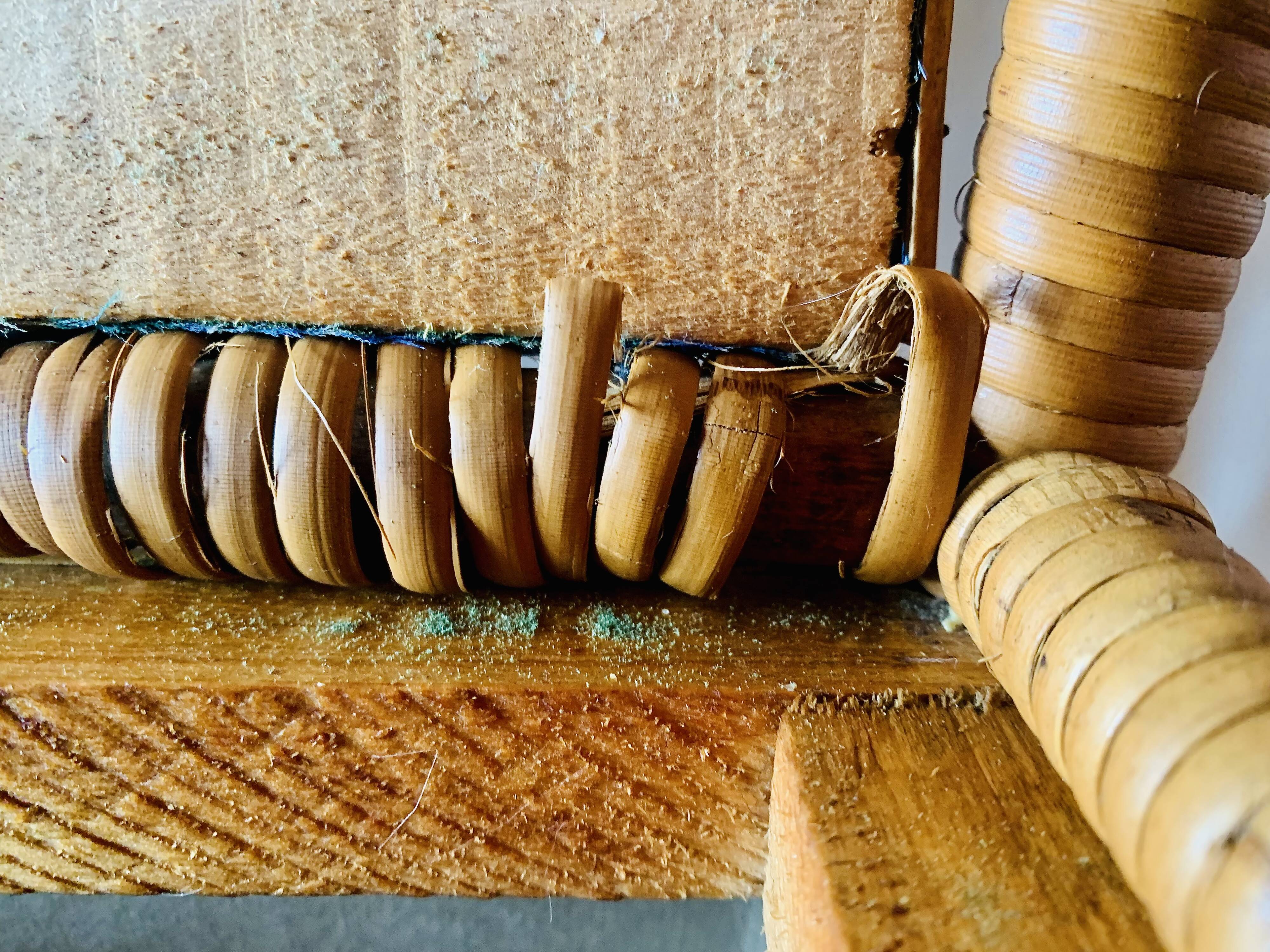 Large vintage rattan and wicker sewing basket with fabric seat