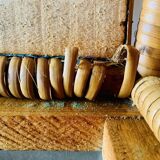 Large vintage rattan and wicker sewing basket with fabric seat