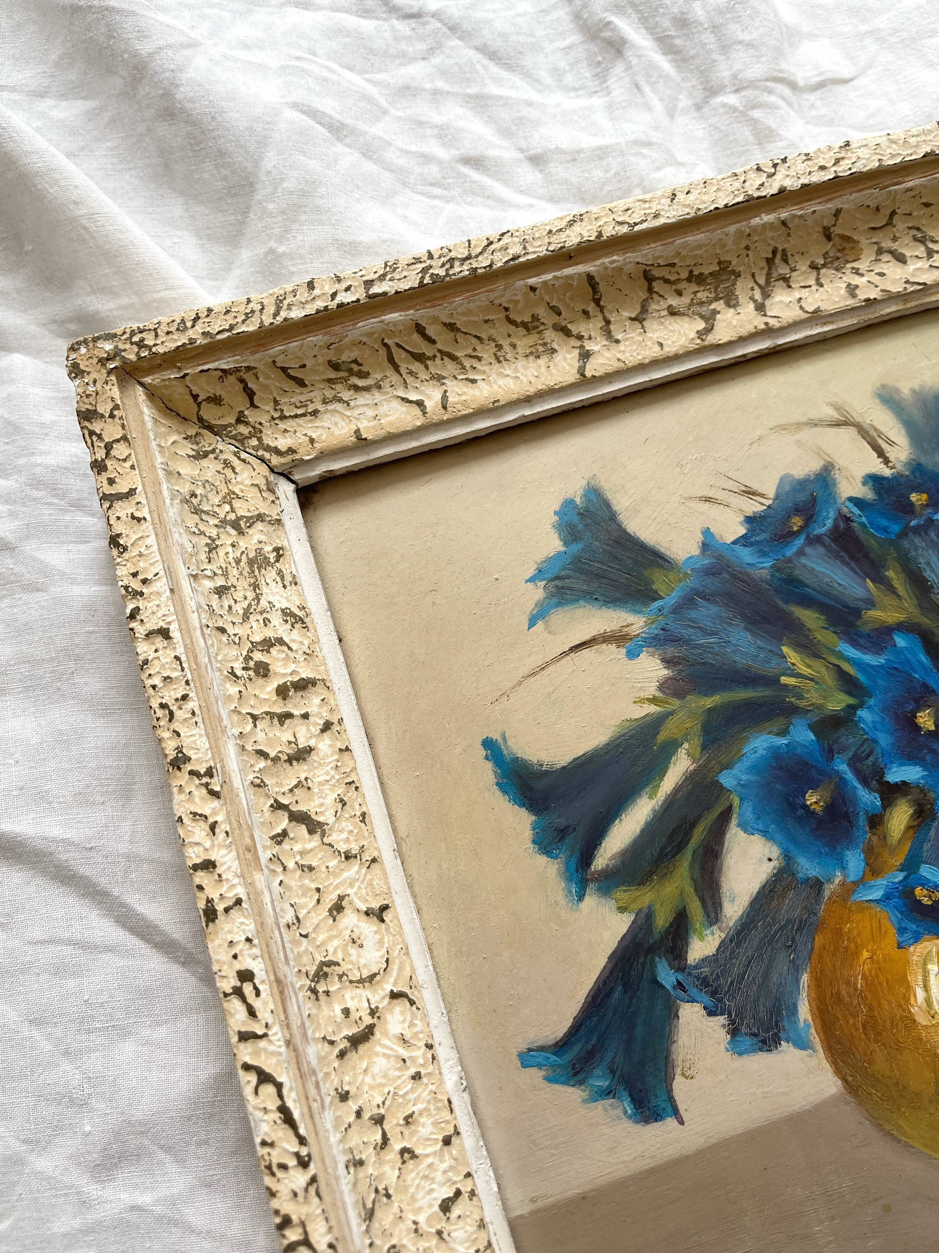 Old painting framed painting bouquet of blue flowers signed Freynal