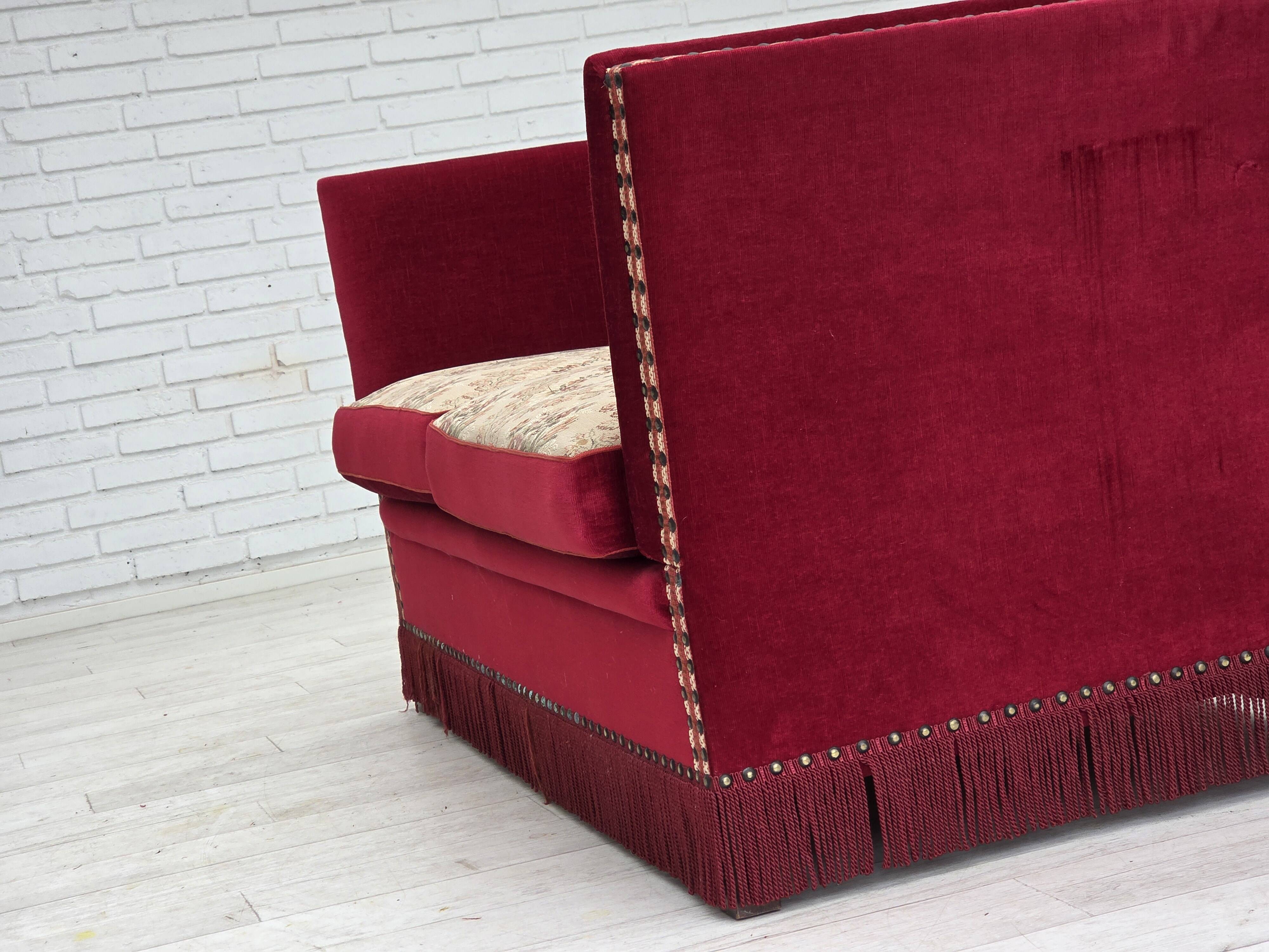 1970s, Danish "Spanish" sofa, furniture velour, ash wood legs.