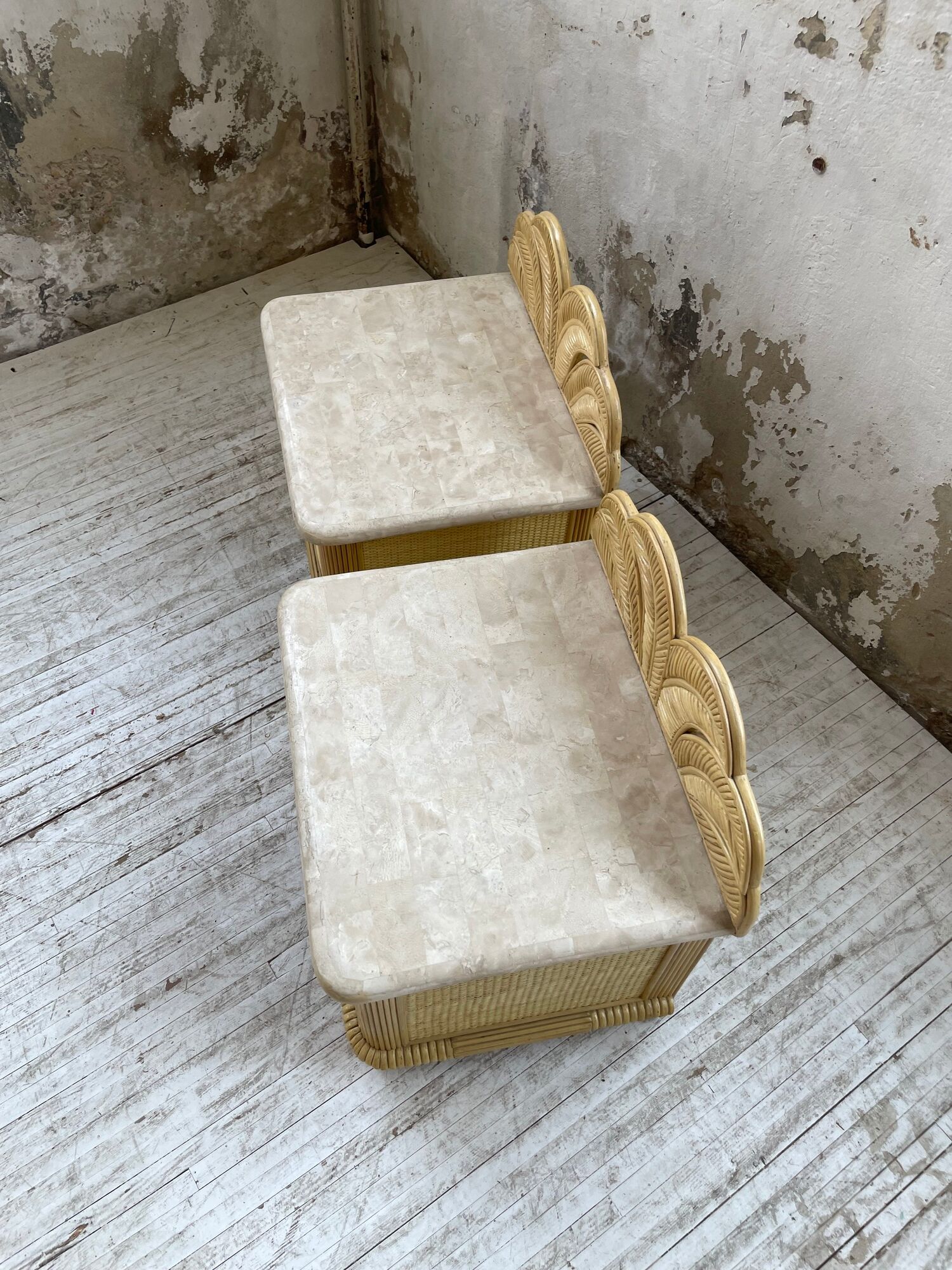 Pair of travertine bedside and rattan palm tree "vivai del sud"