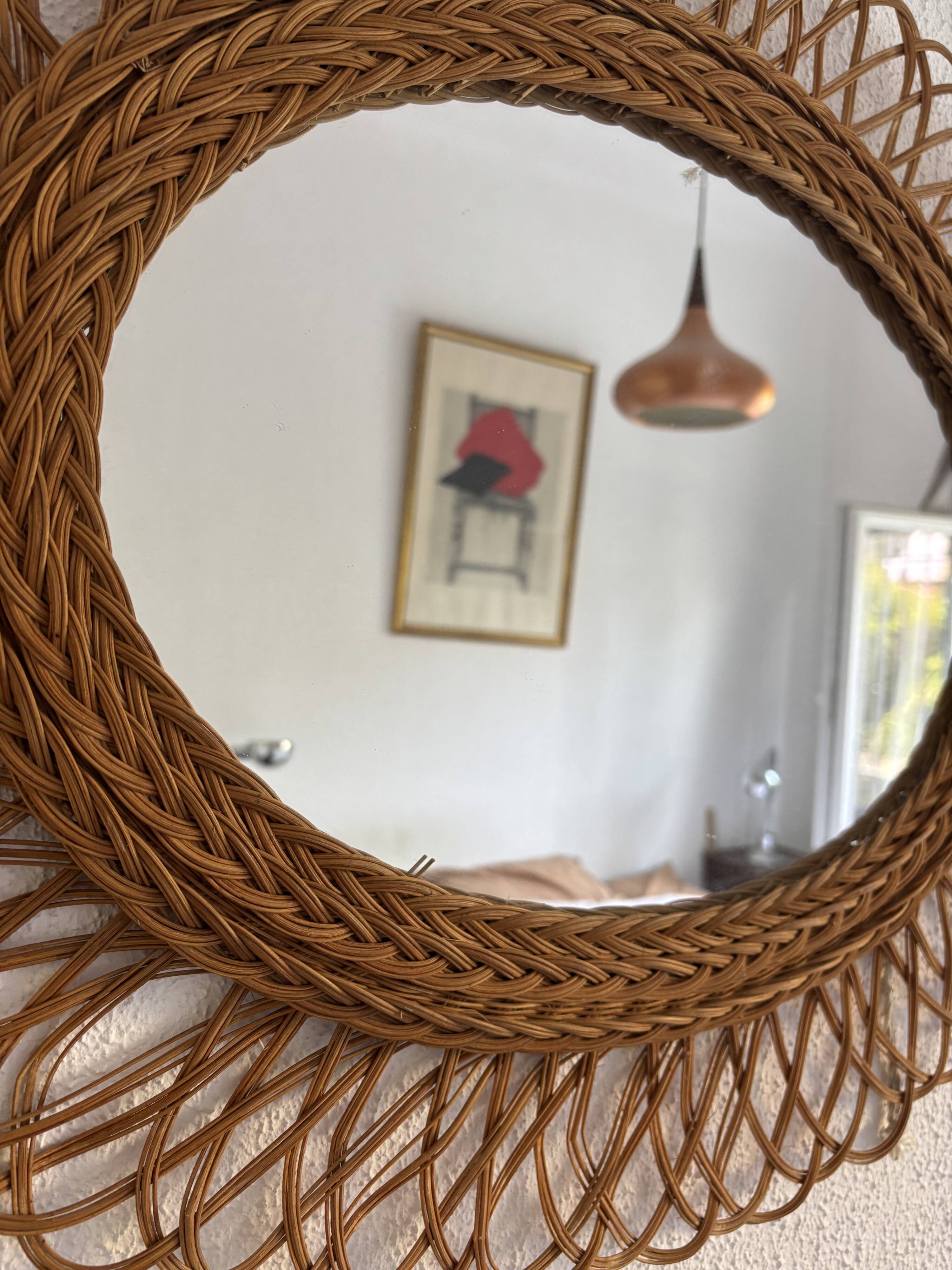 Vintage 1960 sun flower rattan wicker mirror - 68 x 58 cm