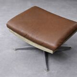 Vintage Mid-Century Danish Modern Brown Leather Swivel Chair and Ottoman