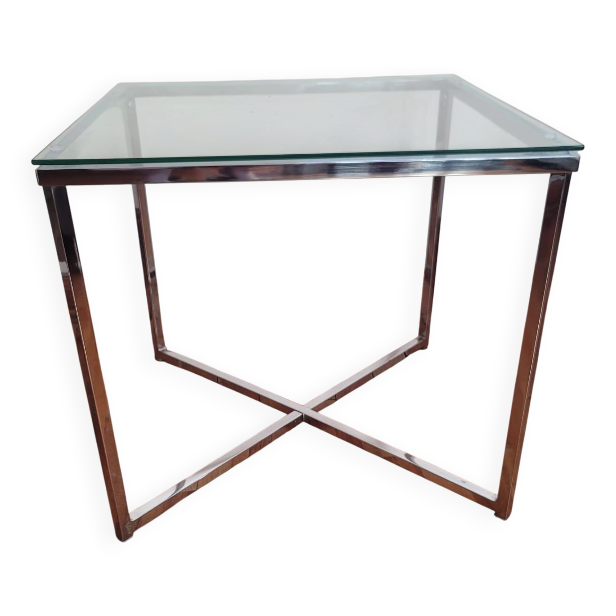 Table basse vintage en verre et pieds chromés – style 70's
