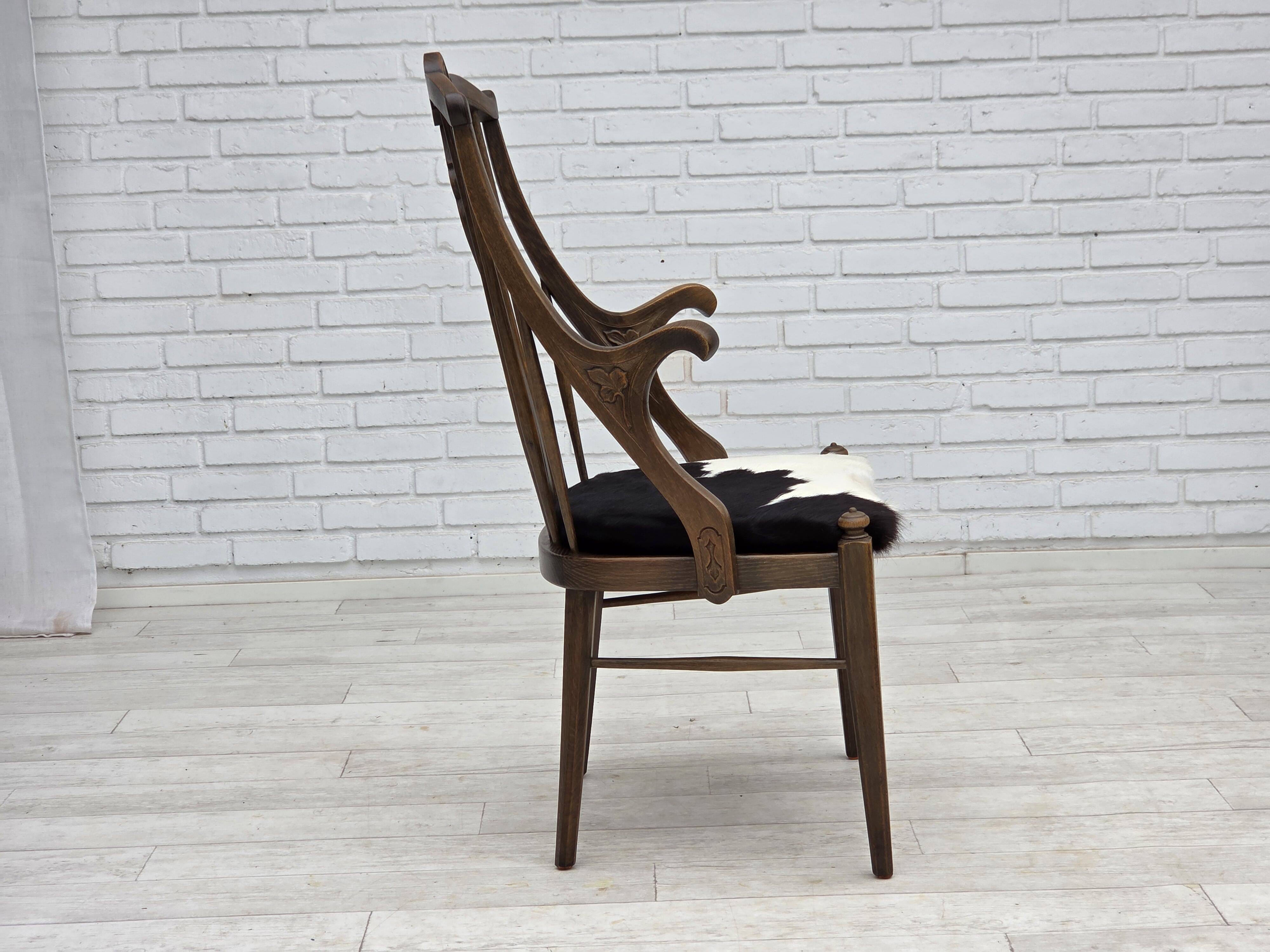 1960s, Danish high-backed armchair, reupholstered, furniture cowhide, oak.
