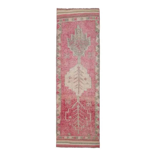1970s Vintage Turkish Hand-Knotted Wool Cotton Pink Runner Rug 90x303
