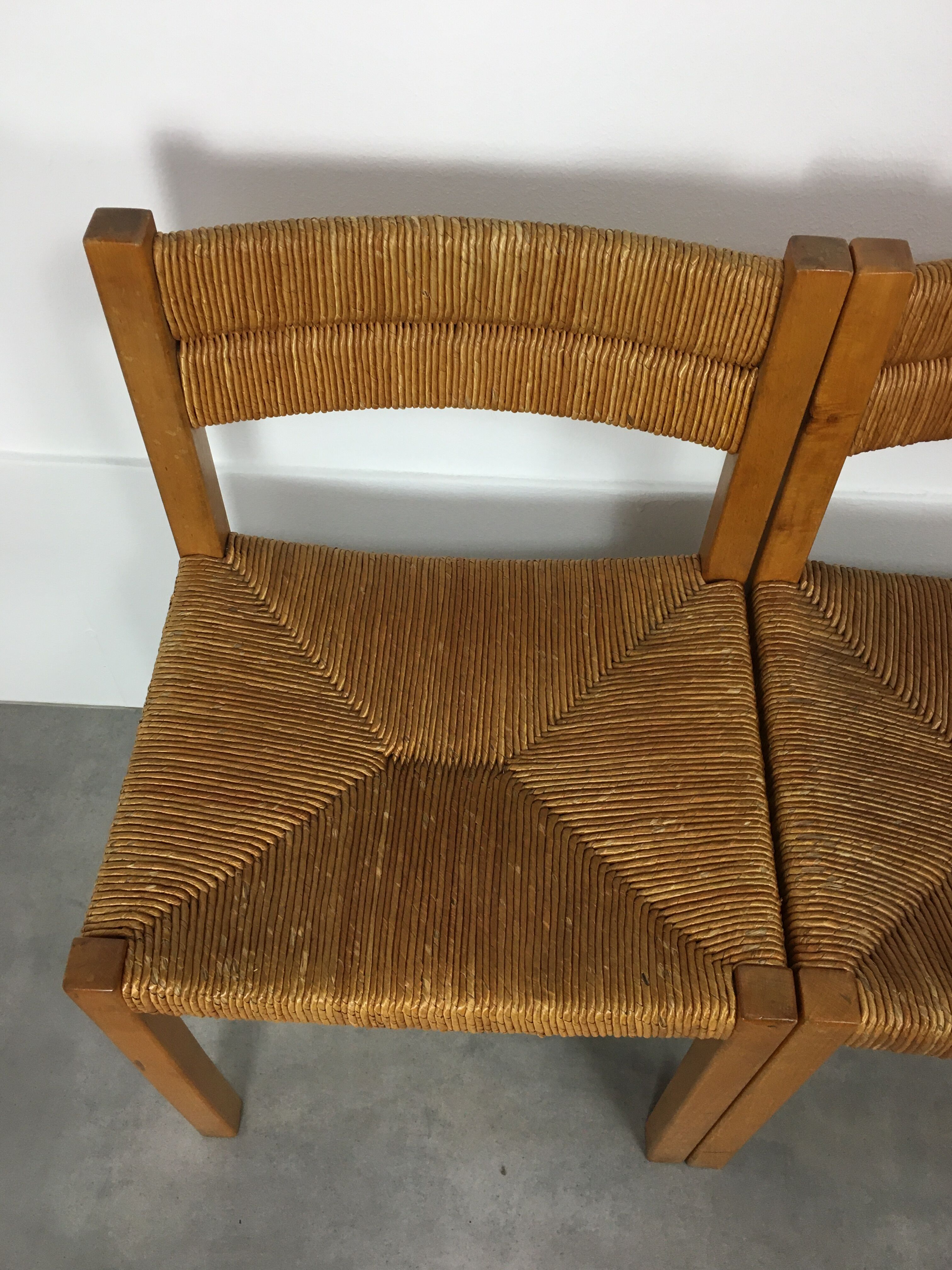 Set of 5 chairs in wood and straw, 60s